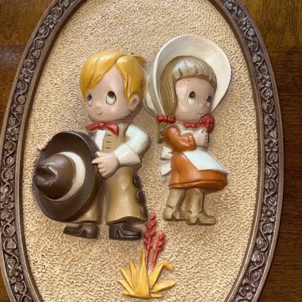 Vintage Pair of 2 Homco Hubbell Oval Wall Plaques with Cute Cowboy & Cowgirl
